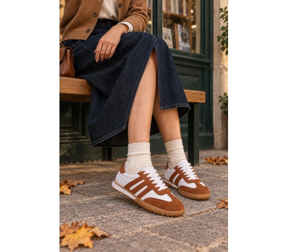 Бели кецове THEA с камелен велур